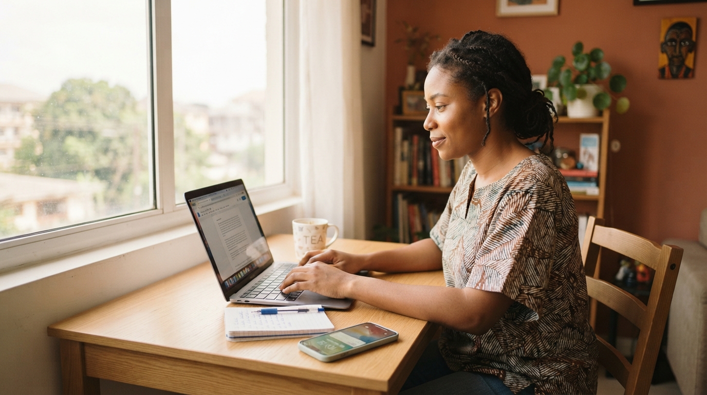 Nigerian woman working confidently on laptop at home