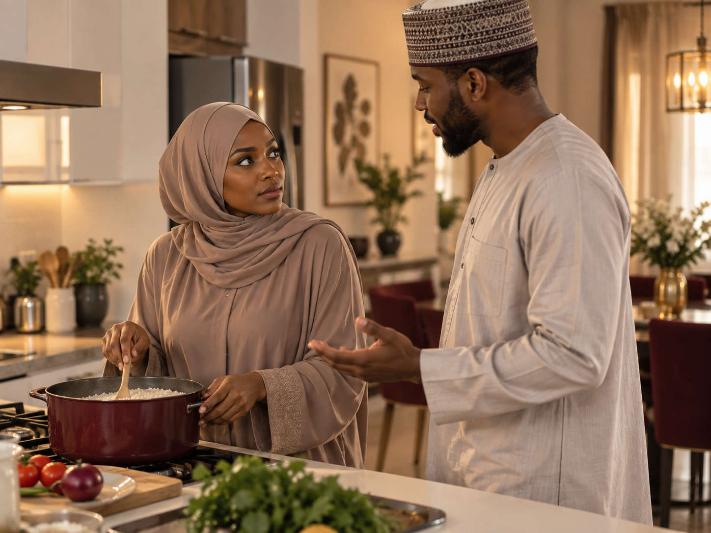 Muslim couple having an important conversation in their kitchen
