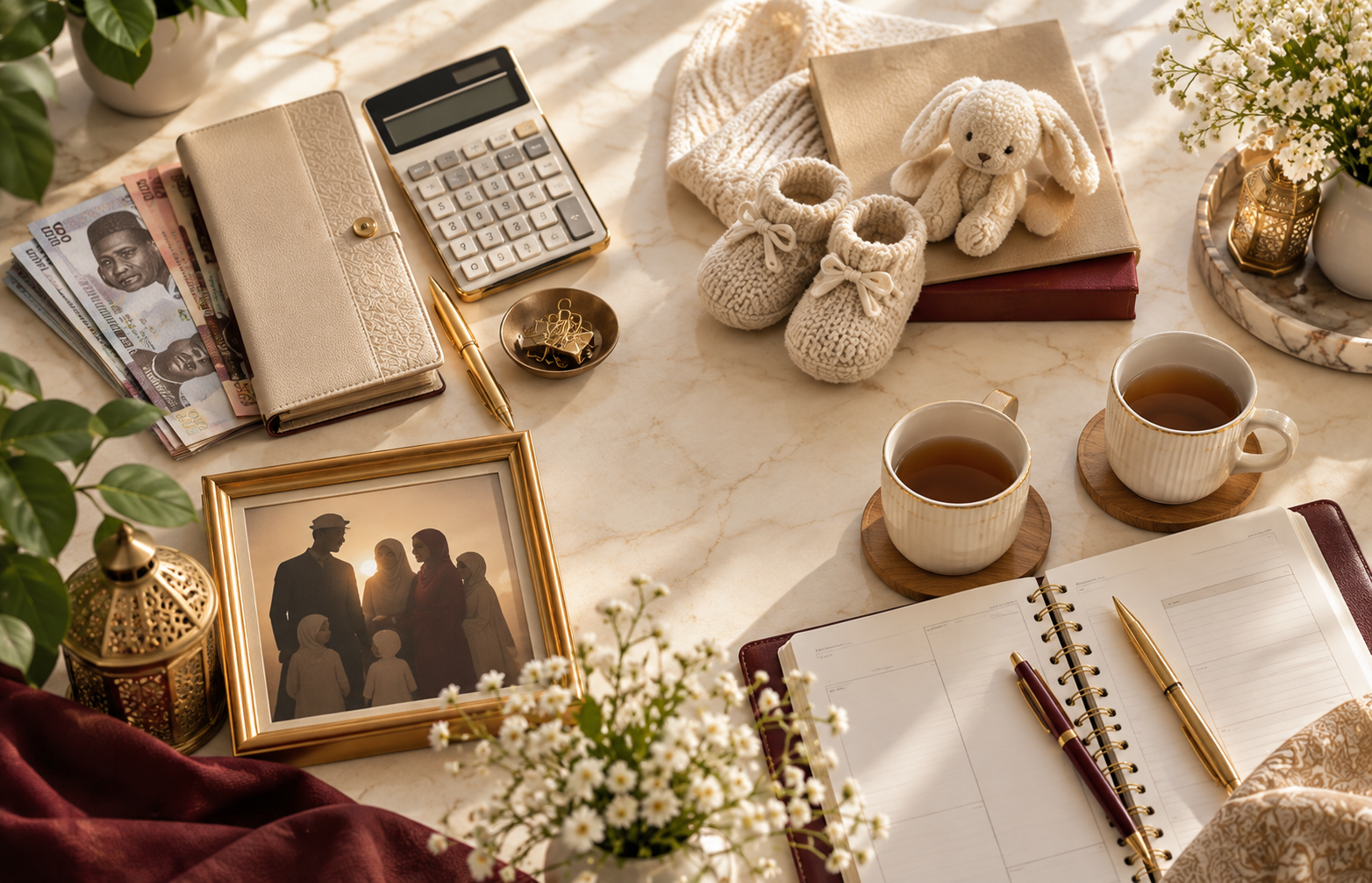 Editorial flat lay representing money, children, family and marriage roles