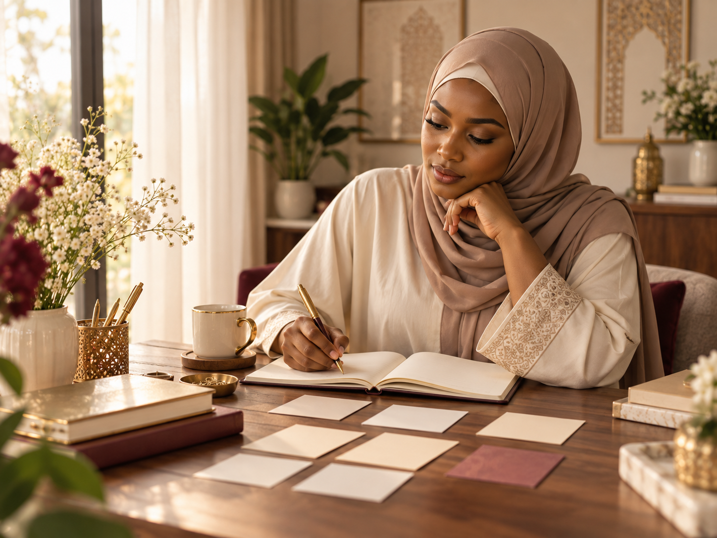 Muslim woman reflecting and organising premarital questions