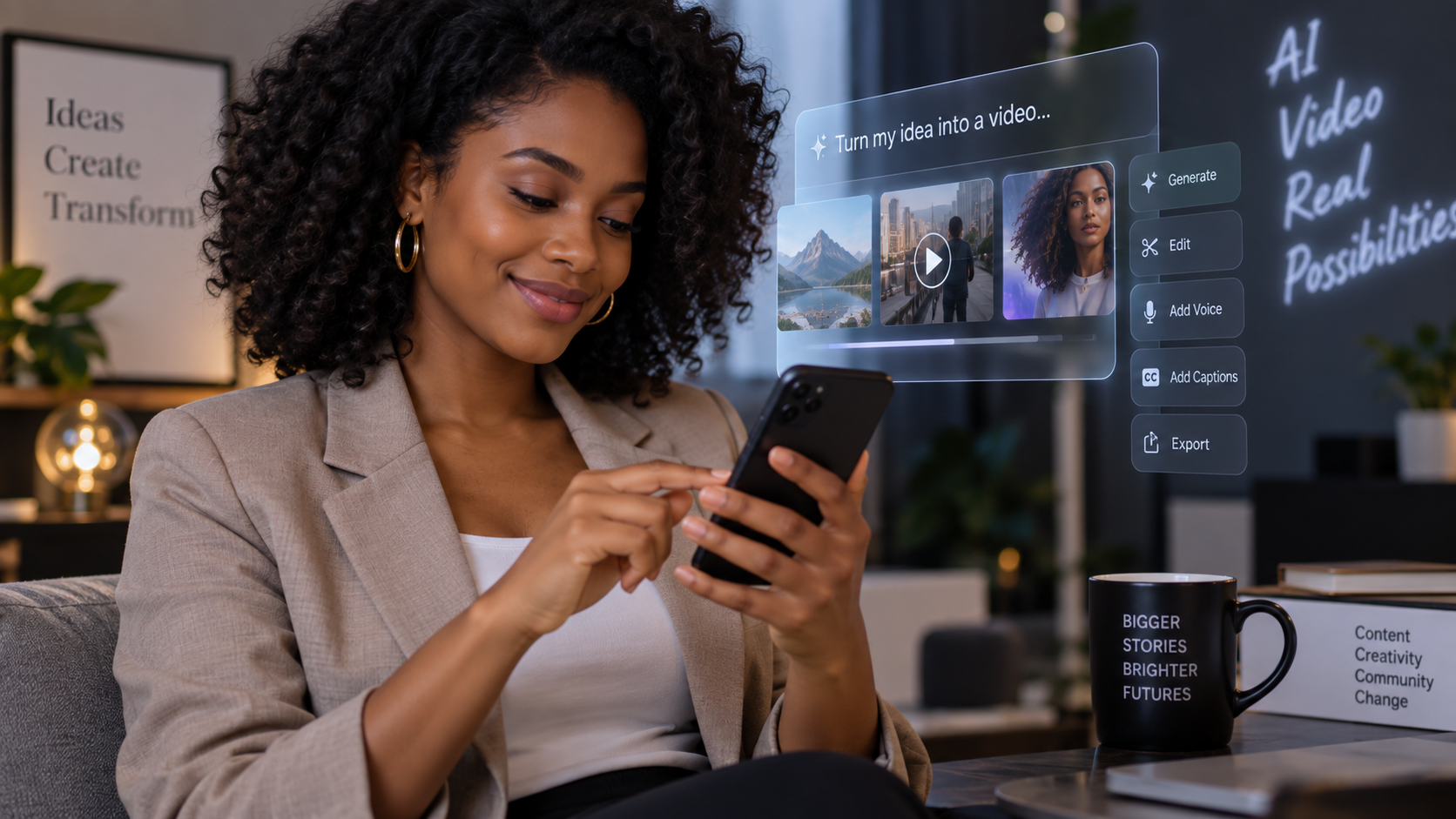 Professional woman creating AI video on her phone